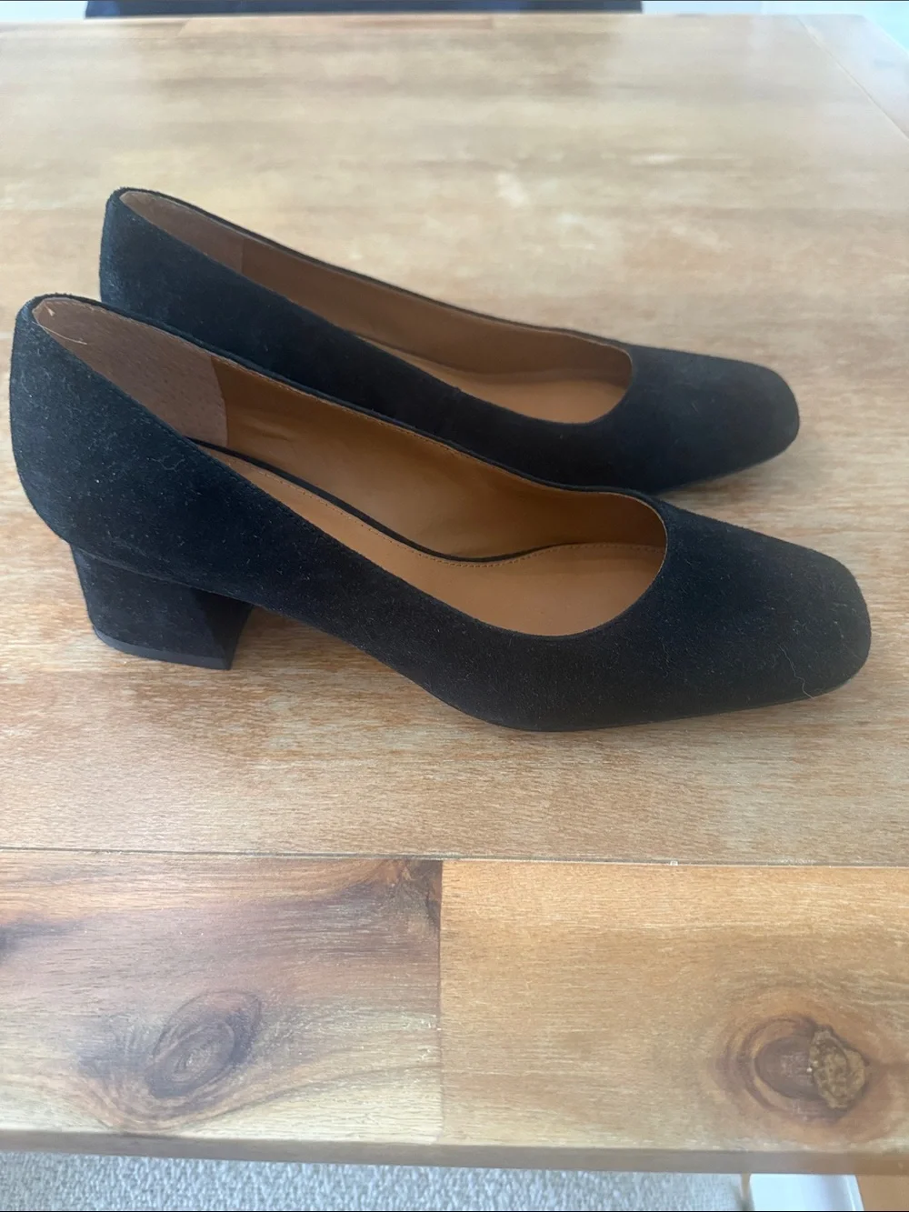J. McLaughlin classic black suede square toe block heels